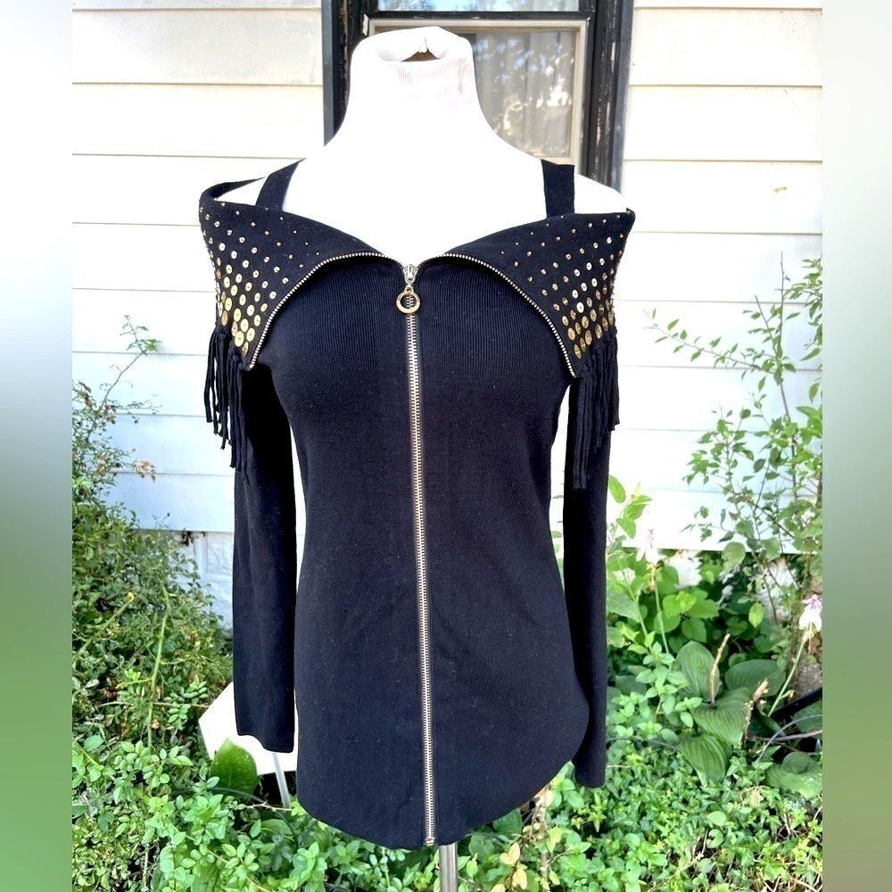 🦋 Berek Zipped Front- Off Shoulder Sequins Embellished Sweater S (AA2)